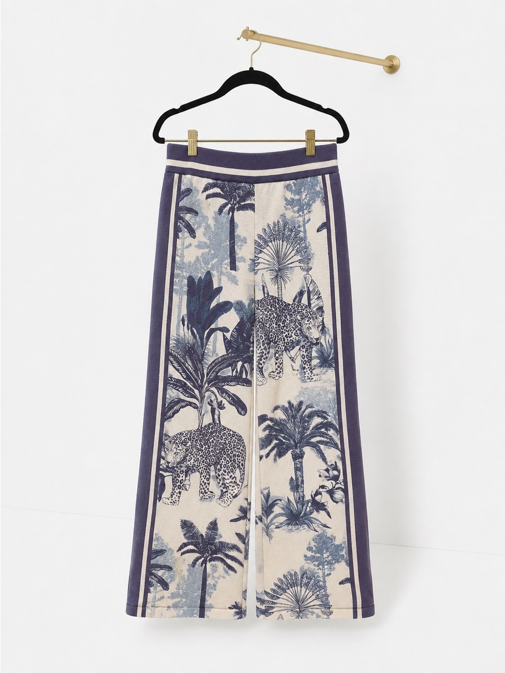 Women's Blue and Cream Tropical Leopard Print “Las Surenas” Cotton Pants